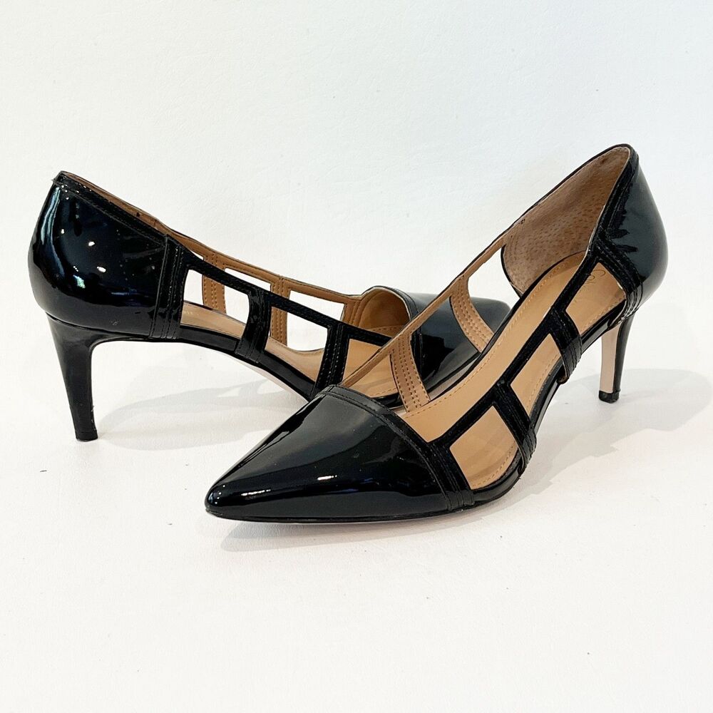 Calvin Klein Black Heels Carice Size 6.5 Patent Cage Lattice